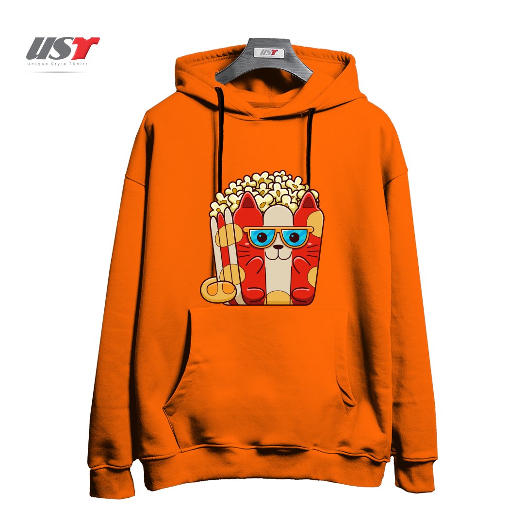 طرح CAT POPCORN هودی اورسایزرنگ نارنجی