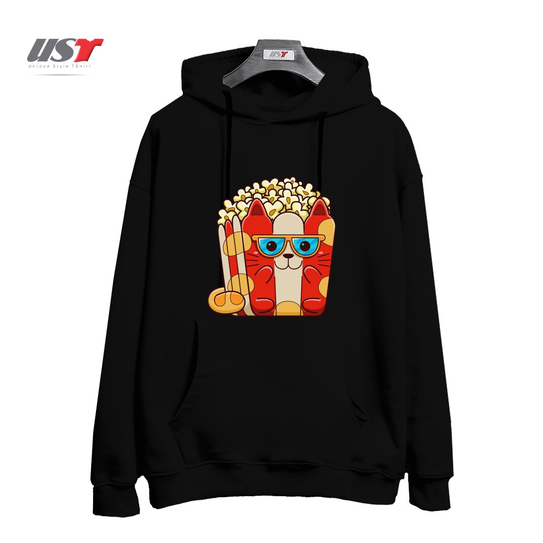 طرح CAT POPCORN هودی اورسایزرنگ مشکی