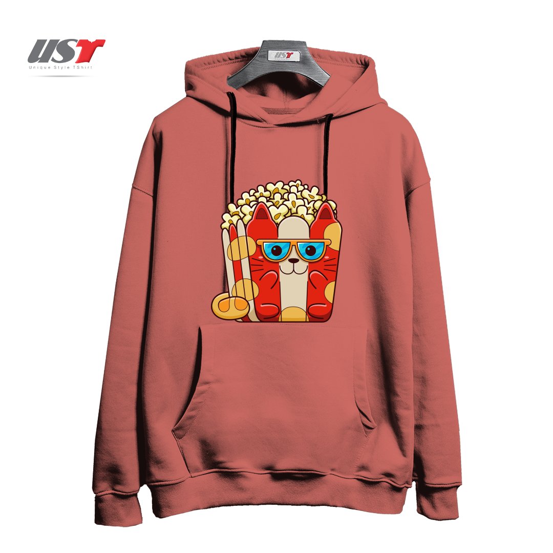 طرح CAT POPCORN هودی اورسایزرنگ آجری