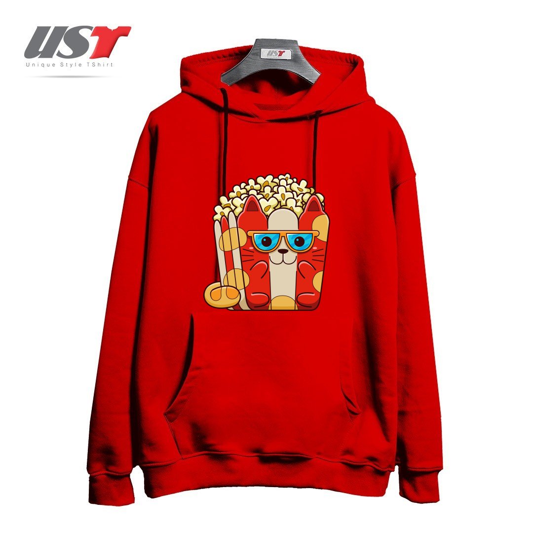 طرح CAT POPCORN هودی اورسایزرنگ قرمز