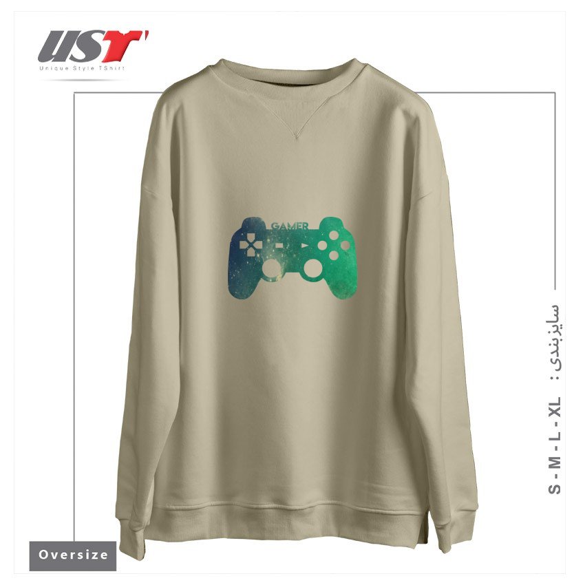 طرح GAMER TEE سوییشرت اورسایزرنگ نخودی