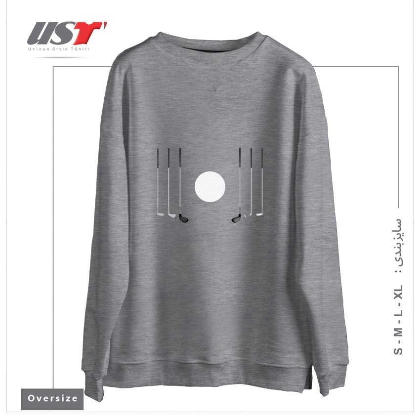 طرح GOLF CLUBS AND BALL سوییشرت اورسایزرنگ طوسی ملانژ