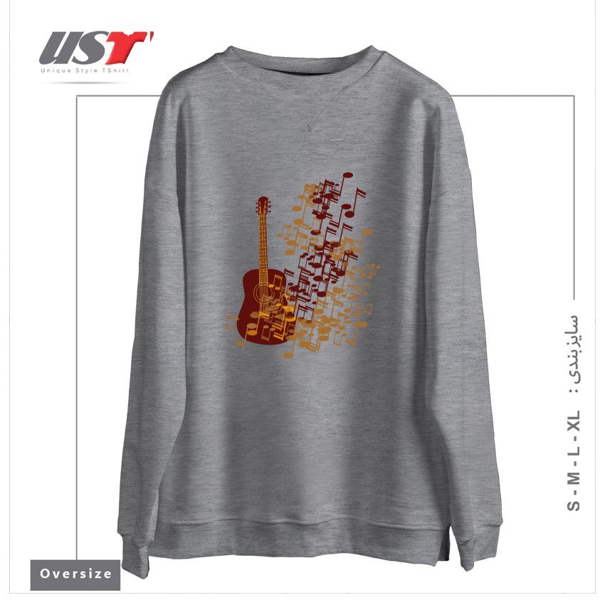 طرح GUITAR WITH MUSIC NODE سوییشرت اورسایزرنگ طوسی ملانژ