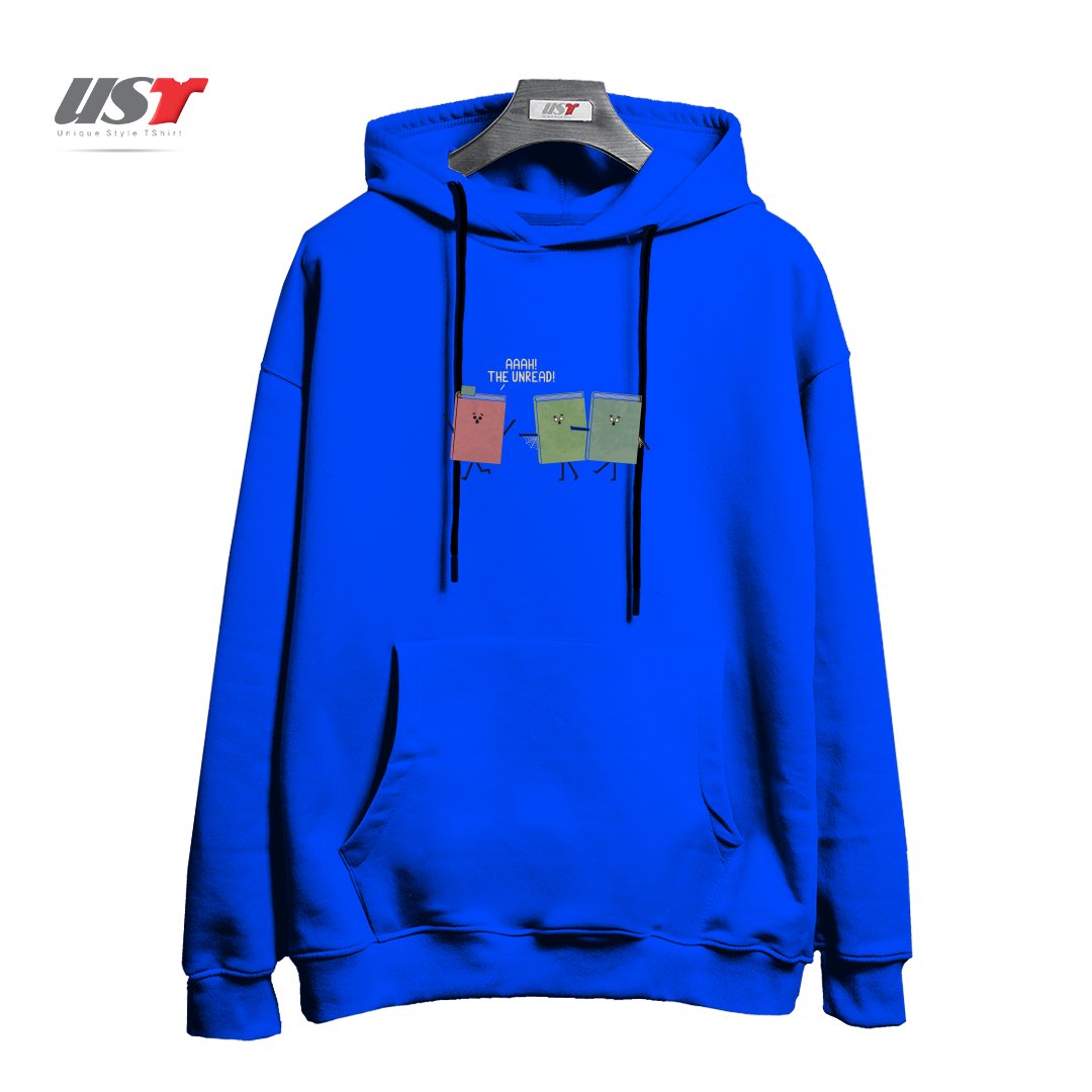 طرح UNREAD هودی اورسایزرنگ آبی شالی