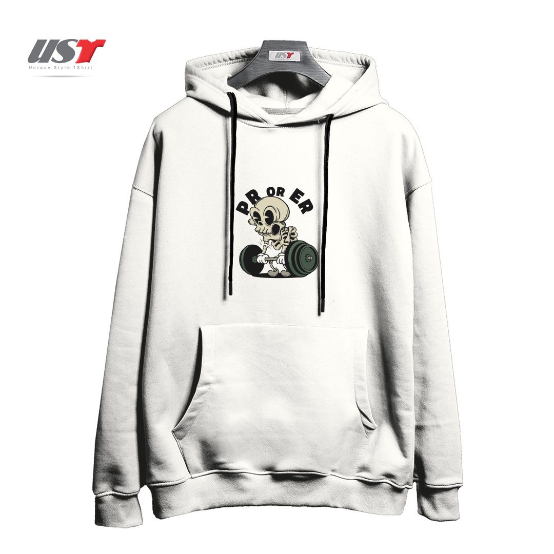 طرح GYM SKELETON  PR OR ER هودی اورسایزرنگ سفید