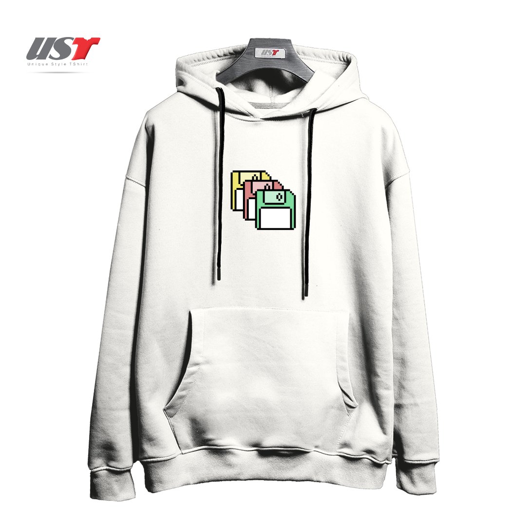 طرح FLOPPY DISKS - PIXEL ART هودی اورسایزرنگ سفید