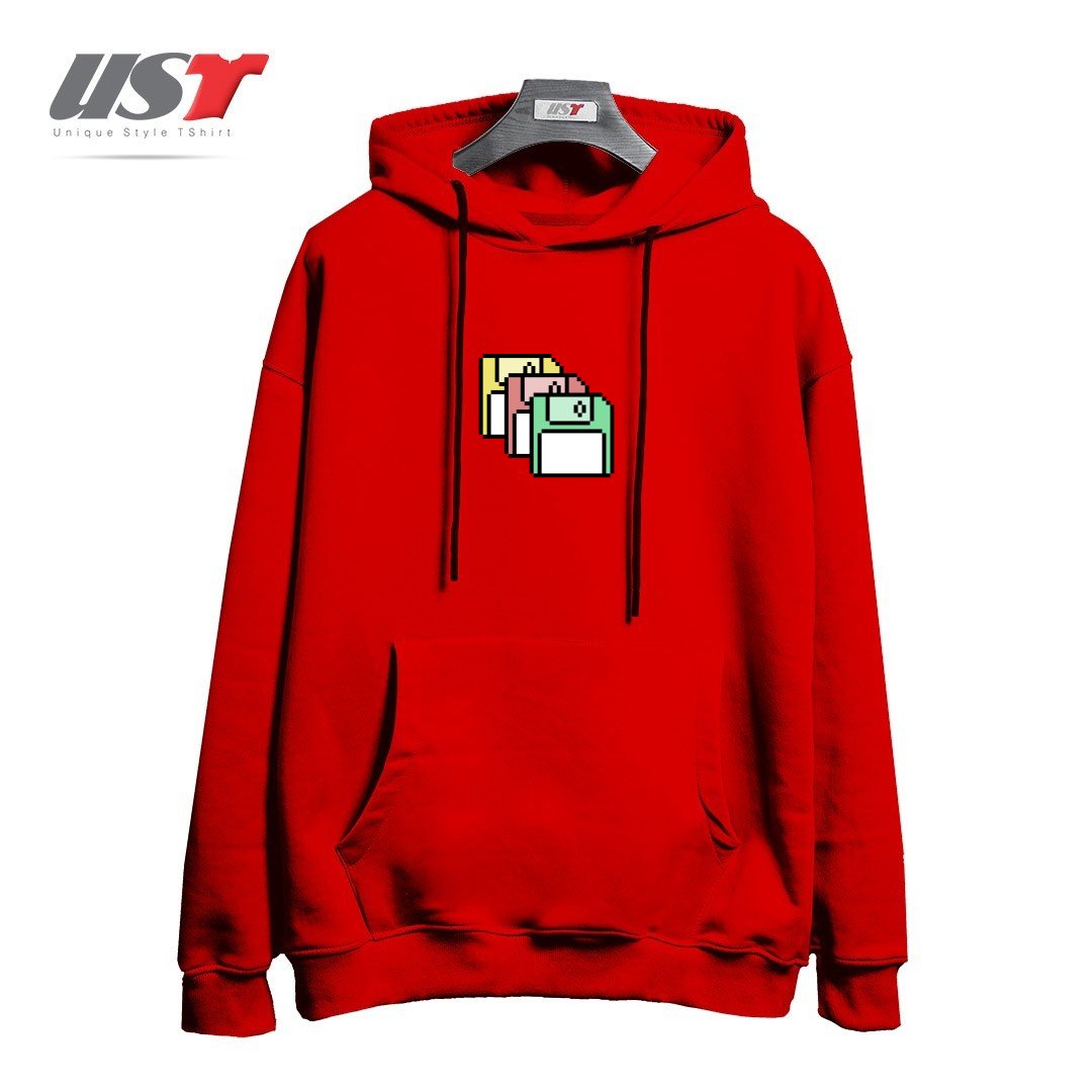 طرح FLOPPY DISKS - PIXEL ART هودی اورسایزرنگ قرمز