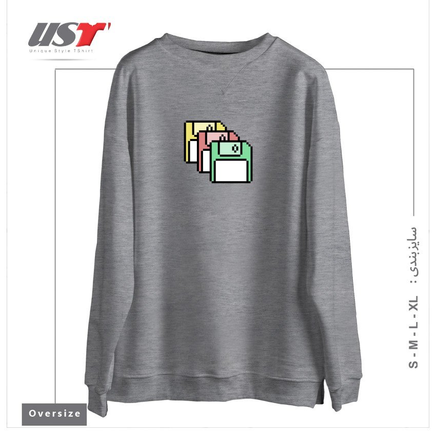 طرح FLOPPY DISKS - PIXEL ART سوییشرت اورسایزرنگ طوسی ملانژ