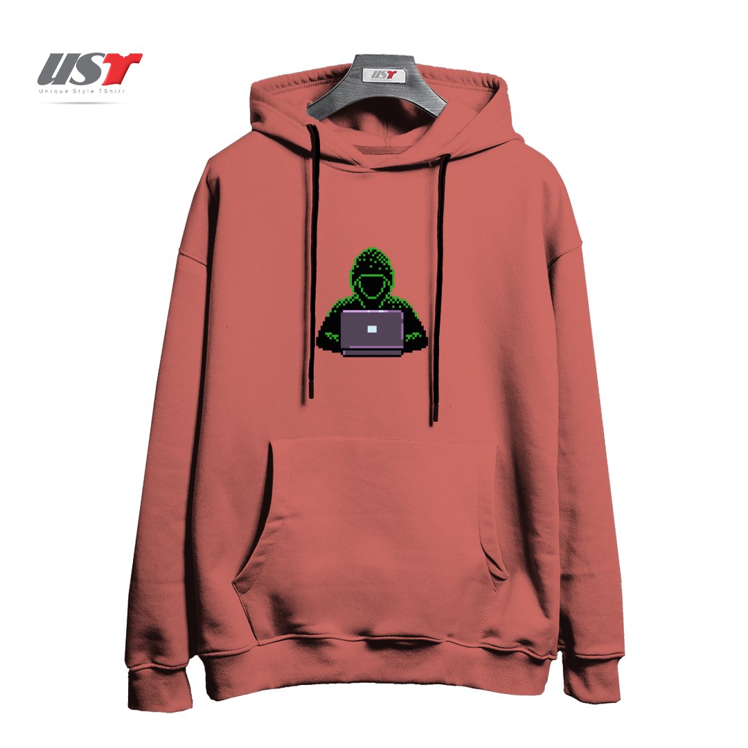 طرح HACKER PIXEL ART T-SHIRT هودی اورسایزرنگ آجری