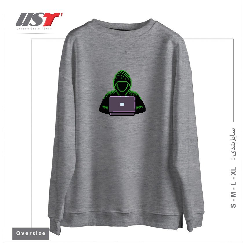 طرح HACKER PIXEL ART T-SHIRT سوییشرت اورسایزرنگ طوسی ملانژ