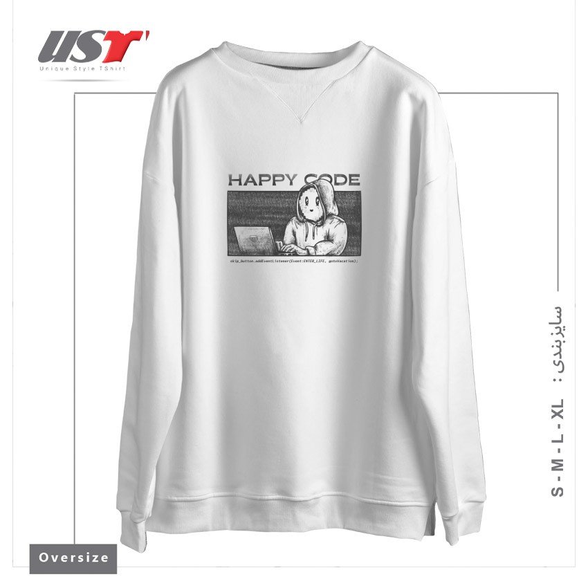 طرح HAPPY CODE سوییشرت اورسایزرنگ سفید