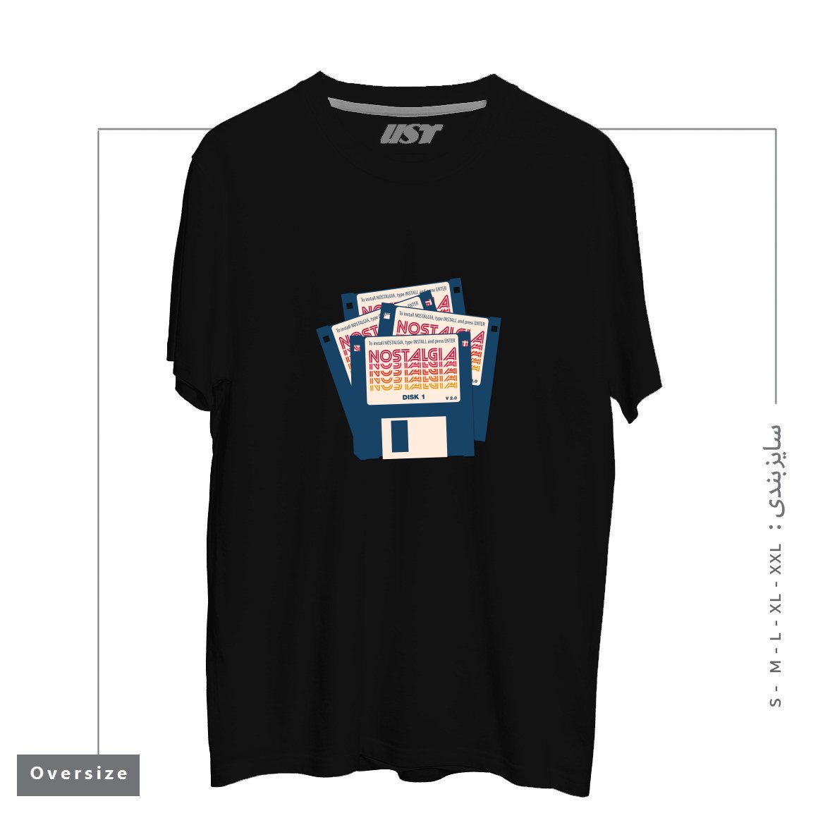 طرح NOSTALGIA FLOPPY DISK VERSION 2.0 تیشرت اورسایزرنگ مشکی
