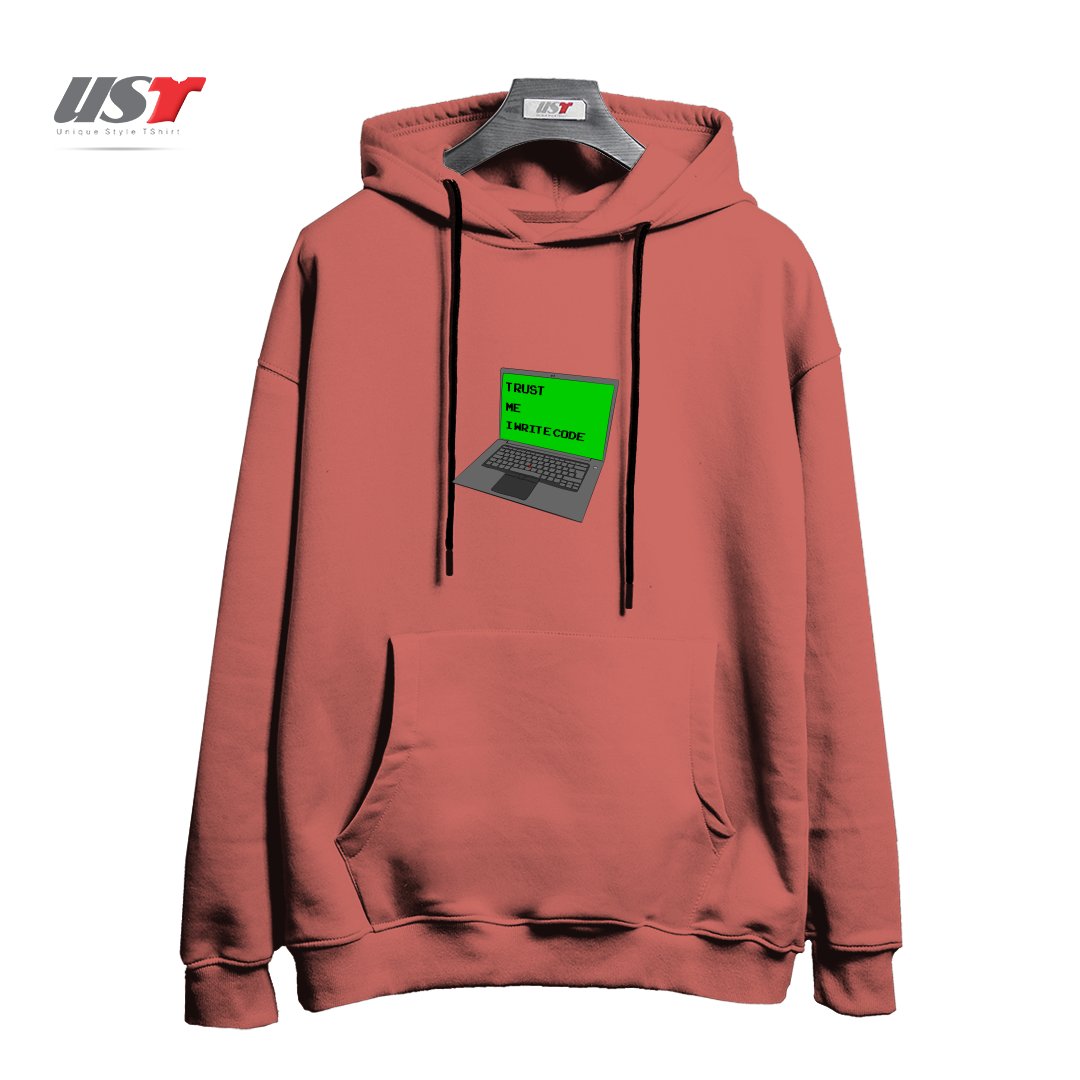 طرح TRUST ME I WRITE CODE هودی اورسایزرنگ آجری