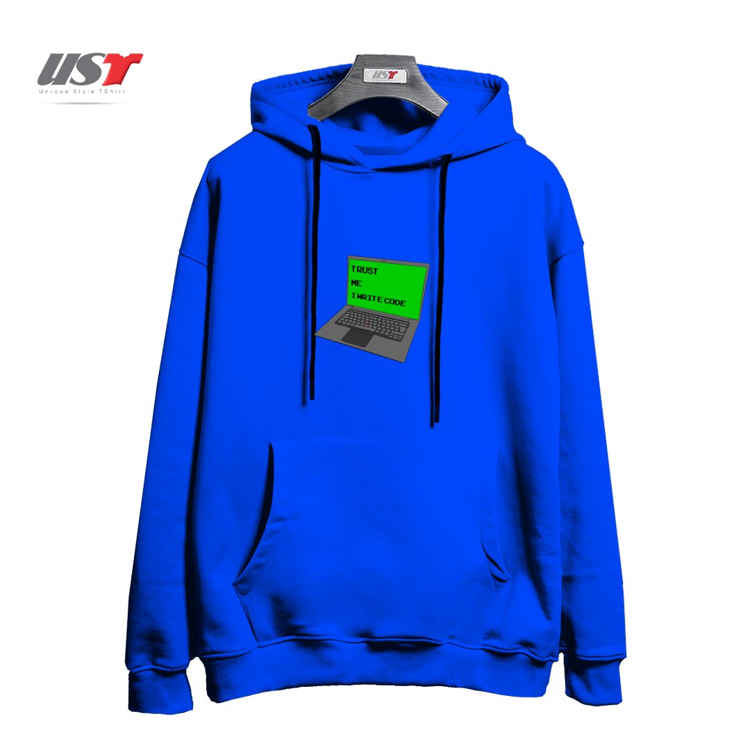 طرح TRUST ME I WRITE CODE هودی اورسایزرنگ آبی شالی