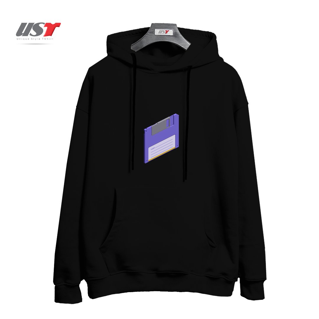 طرح VINTAGE FLOPPY DISK PIXEL ART هودی اورسایزرنگ مشکی