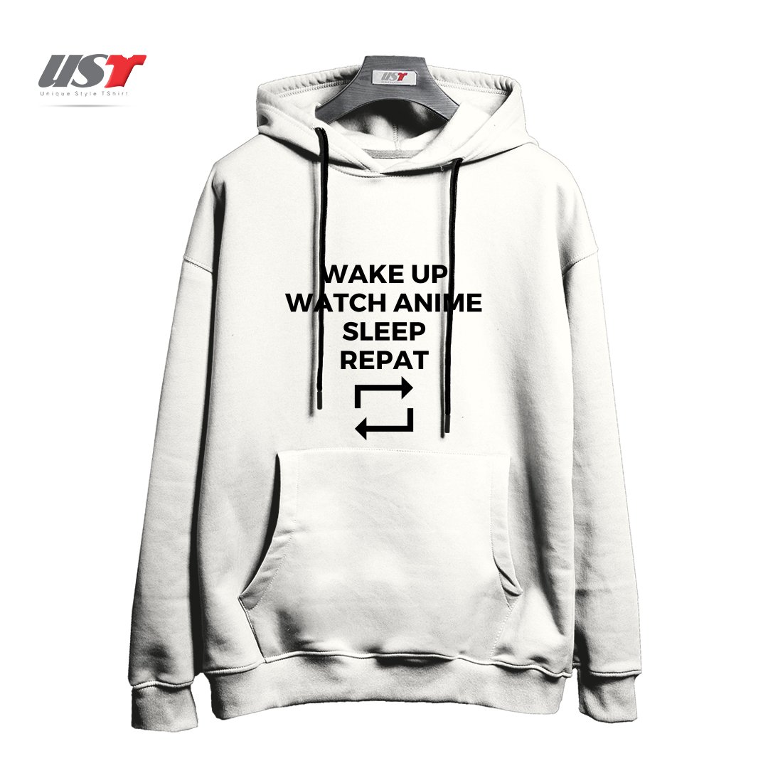 طرح WAKE UP WATCH ANIME SLEEP REPEAT هودی اورسایزرنگ سفید
