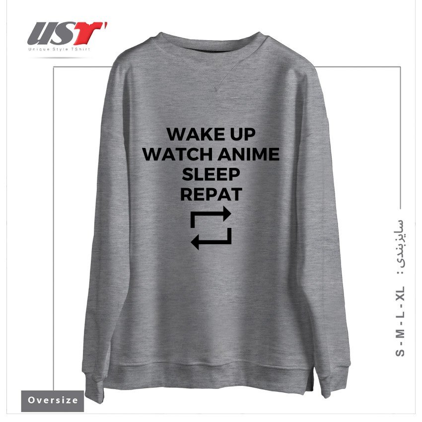 طرح WAKE UP WATCH ANIME SLEEP REPEAT سوییشرت اورسایزرنگ طوسی ملانژ
