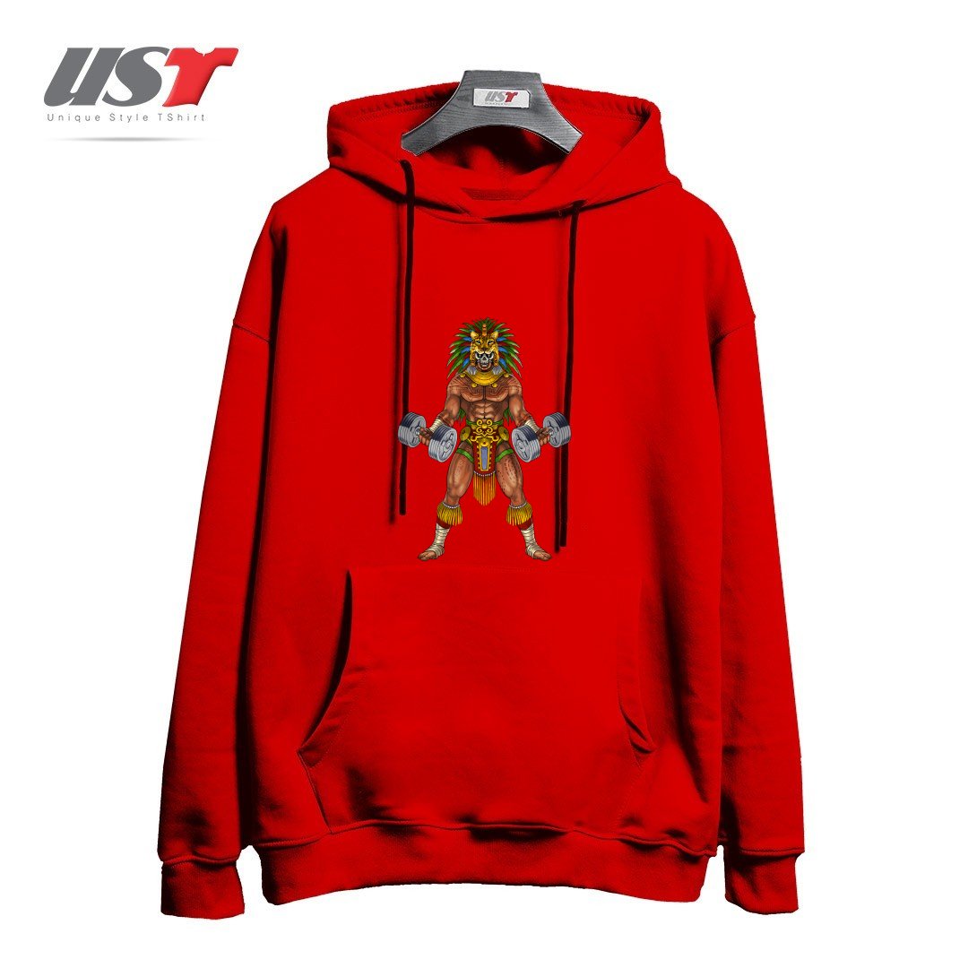 طرح AZTEC JAGUAR WARRIOR BODYBUILDER هودی اورسایزرنگ قرمز