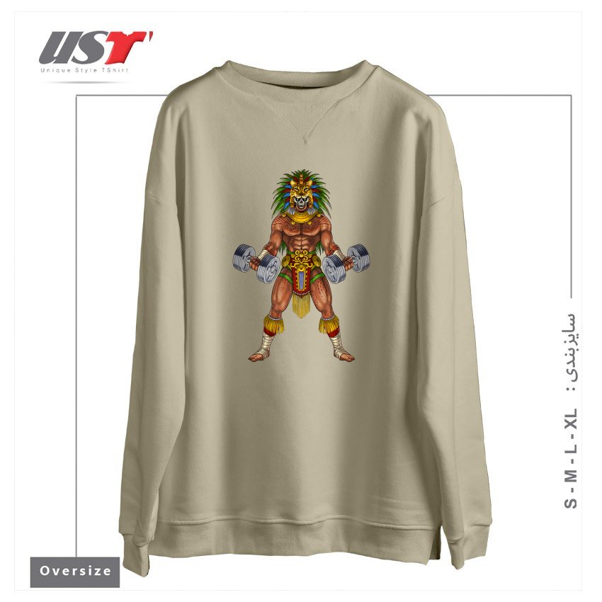 طرح AZTEC JAGUAR WARRIOR BODYBUILDER سوییشرت اورسایزرنگ نخودی