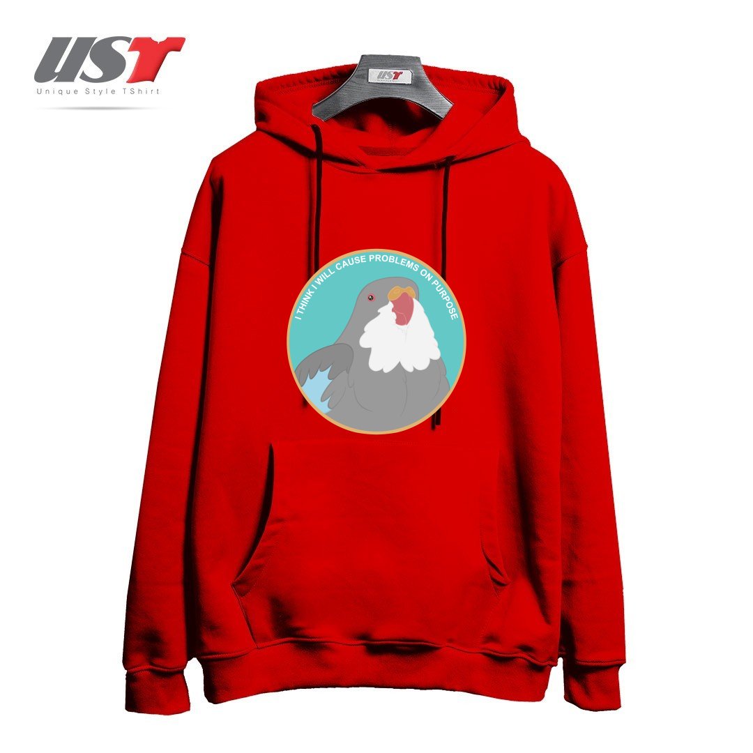 طرح I THINK I WILL CAUSE PROBLEMS ON PURPOSE هودی اورسایزرنگ قرمز