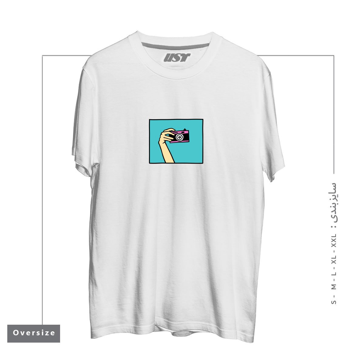 طرح TAKE A PICTURE تیشرت اورسایزرنگ سفید