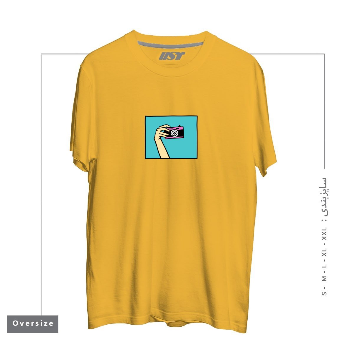 طرح TAKE A PICTURE تیشرت اورسایزرنگ خردلی