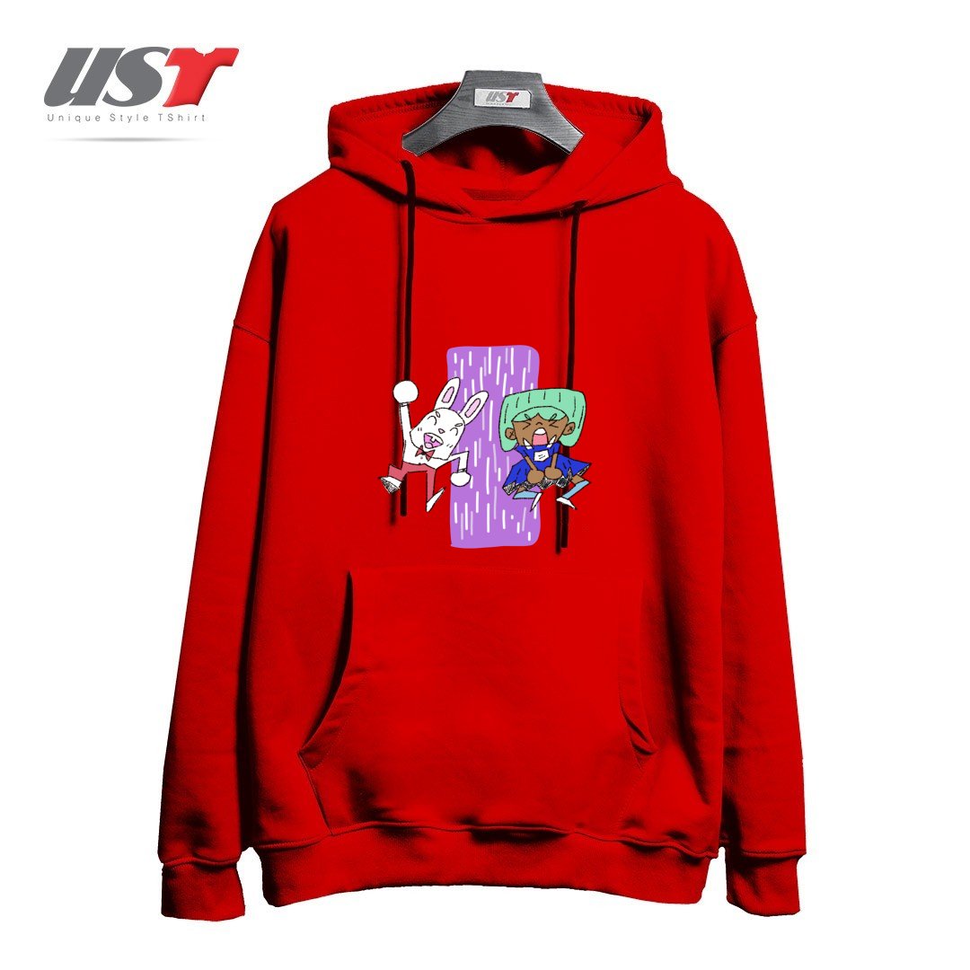 طرح ALICIA AND THE WHITE RABBIT هودی اورسایزرنگ قرمز