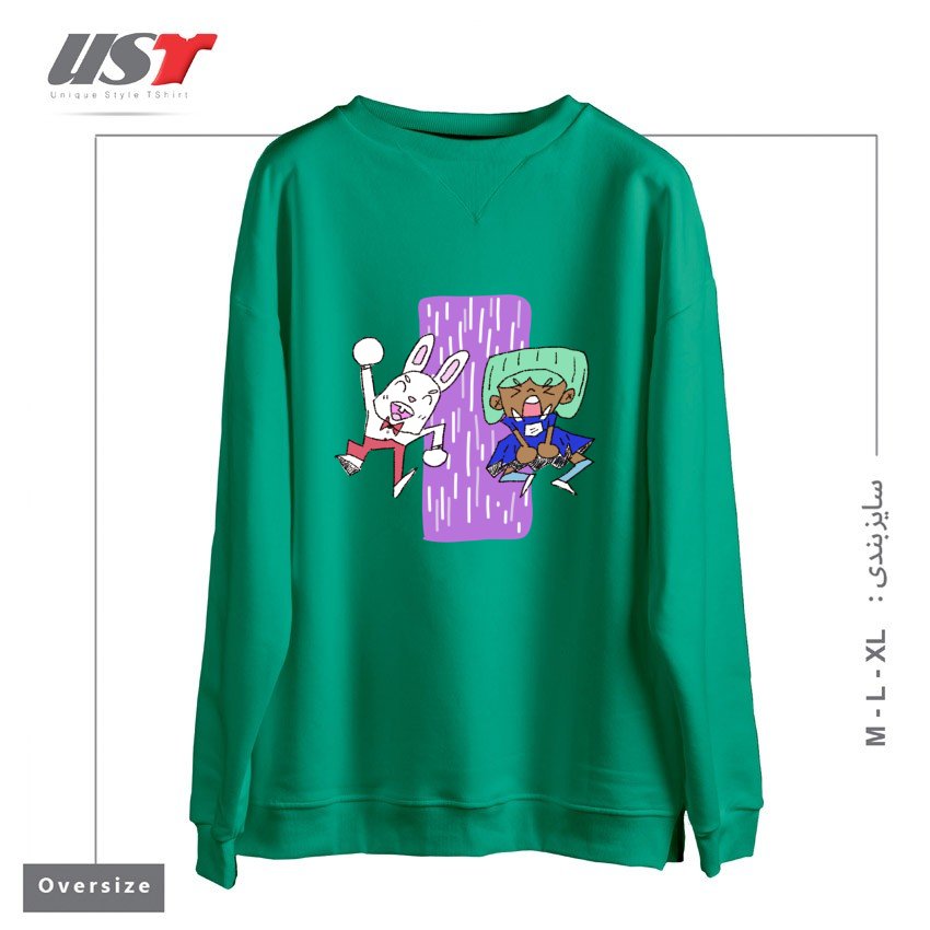 طرح ALICIA AND THE WHITE RABBIT سوییشرت اورسایزرنگ سبز سدری