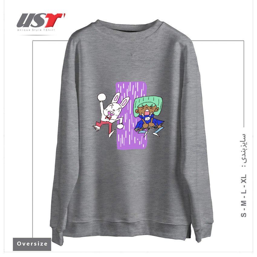 طرح ALICIA AND THE WHITE RABBIT سوییشرت اورسایزرنگ طوسی ملانژ