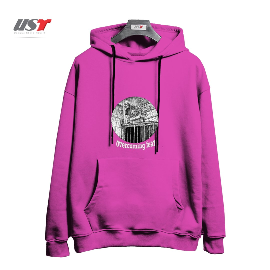 طرح OVERCOMING FEAR ON BLACK ITEMS هودی اورسایزرنگ صورتی