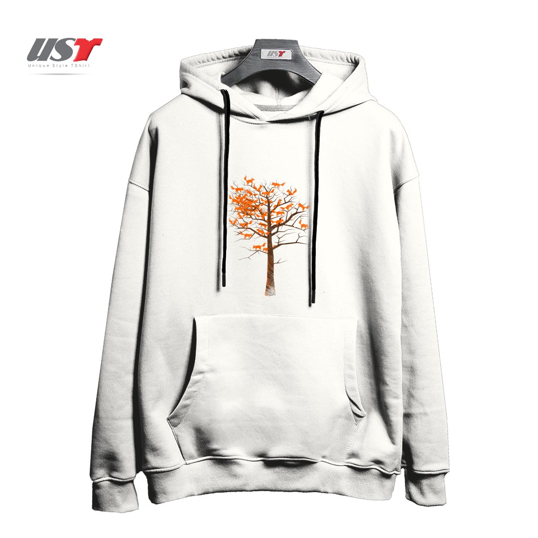 طرح BLAZING FOX TREE هودی اورسایزرنگ سفید