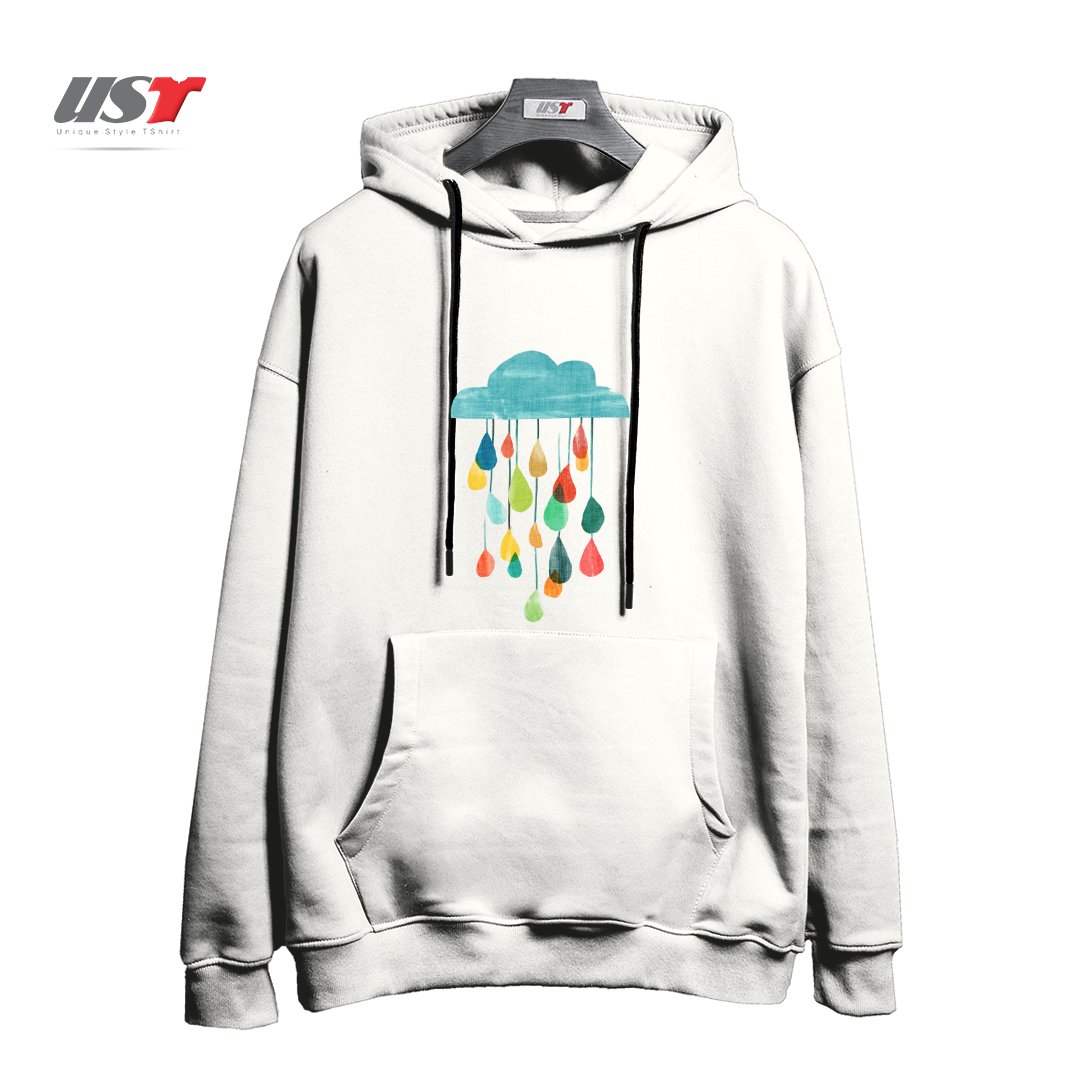 طرح IT IS RAINING RAINBOW هودی اورسایزرنگ سفید