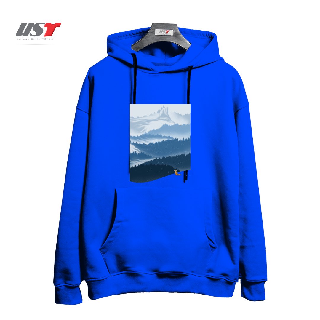 طرح MOUNTAIN SPIRIT هودی اورسایزرنگ آبی شالی