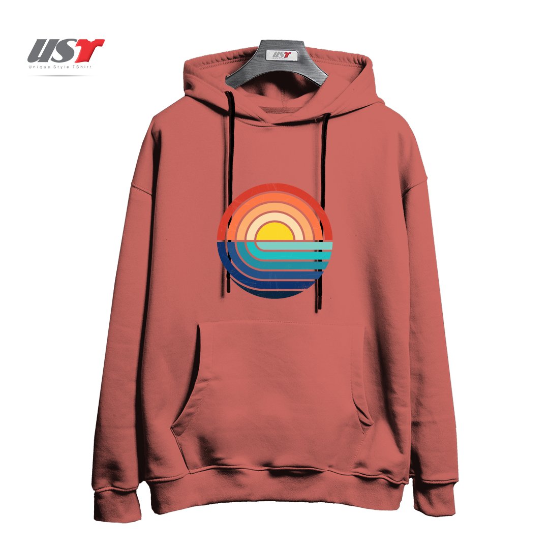 طرح SUNSET AND WAVES هودی اورسایزرنگ آجری