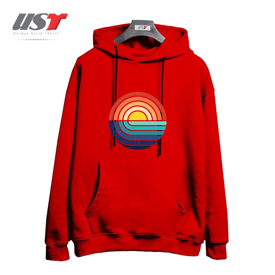 طرح SUNSET AND WAVES هودی اورسایزرنگ قرمز