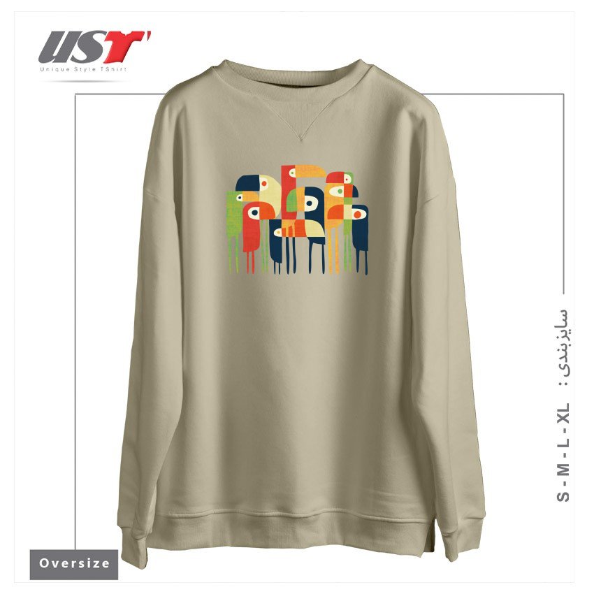 طرح TROPICAL TOUCAN سوییشرت اورسایزرنگ نخودی