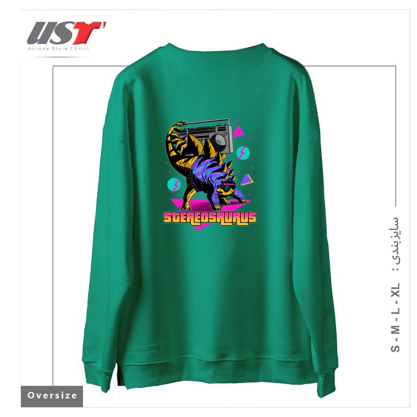 طرح STEREOSAURUS - A RAD DINOSAUR سوییشرت اورسایزرنگ سبز سدری
