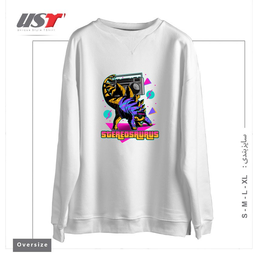 طرح STEREOSAURUS - A RAD DINOSAUR سوییشرت اورسایزرنگ سفید