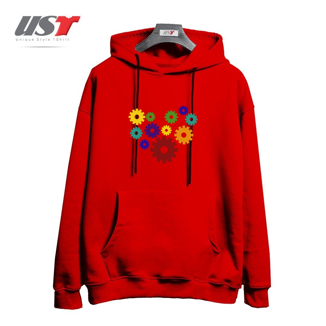 طرح RAINBOW GEARS هودی اورسایزرنگ قرمز