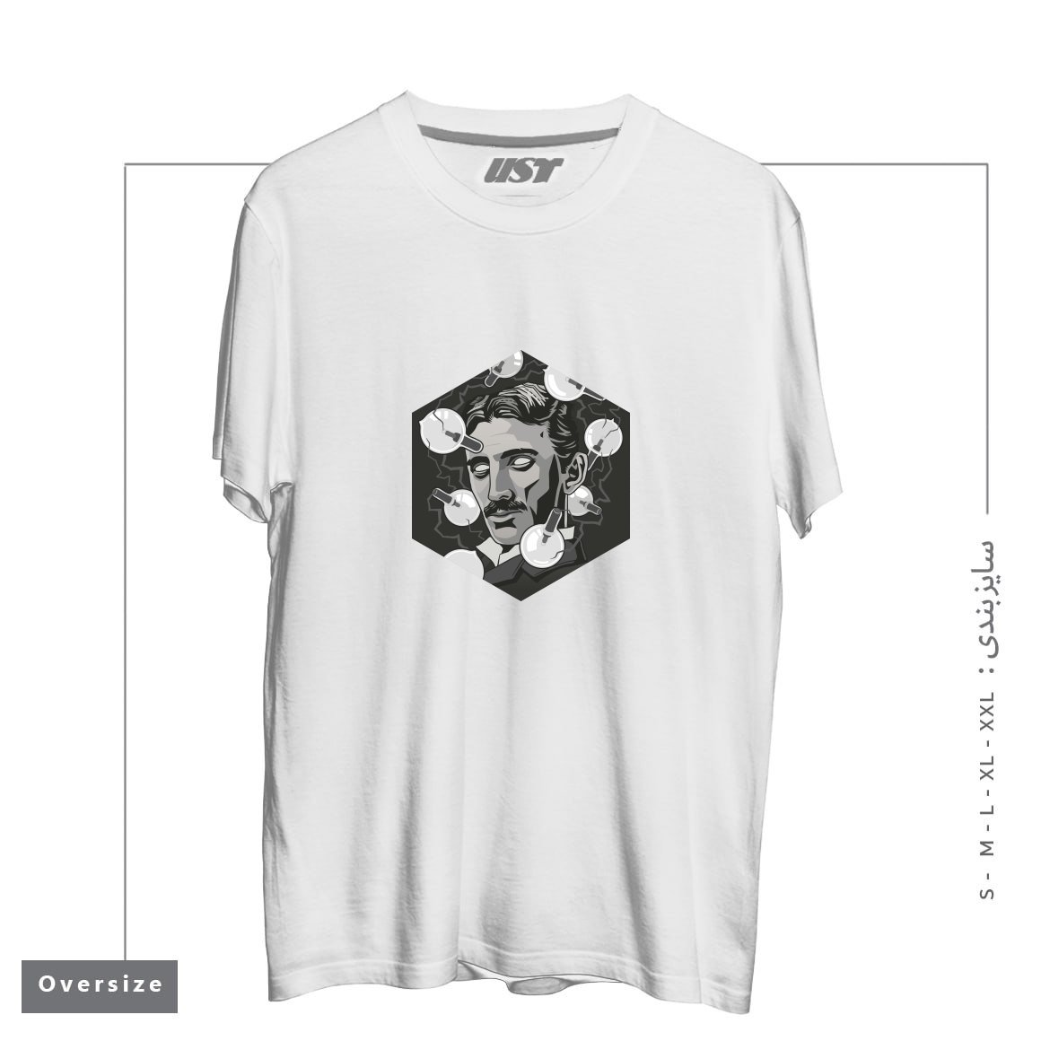 طرح TESLA تیشرت اورسایزرنگ سفید