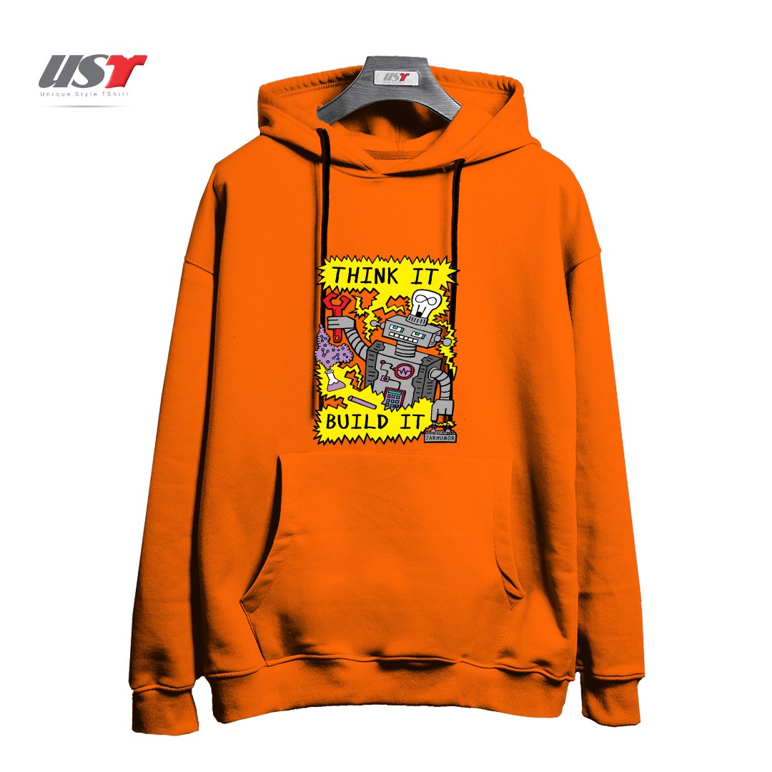 طرح THINK BUILD ROBOT هودی اورسایزرنگ نارنجی