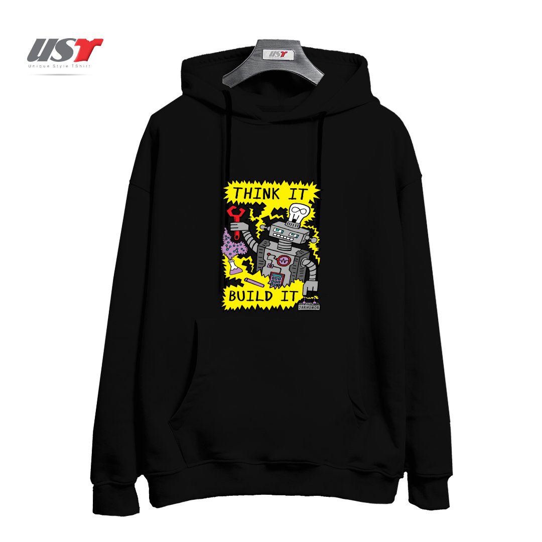 طرح THINK BUILD ROBOT هودی اورسایزرنگ مشکی