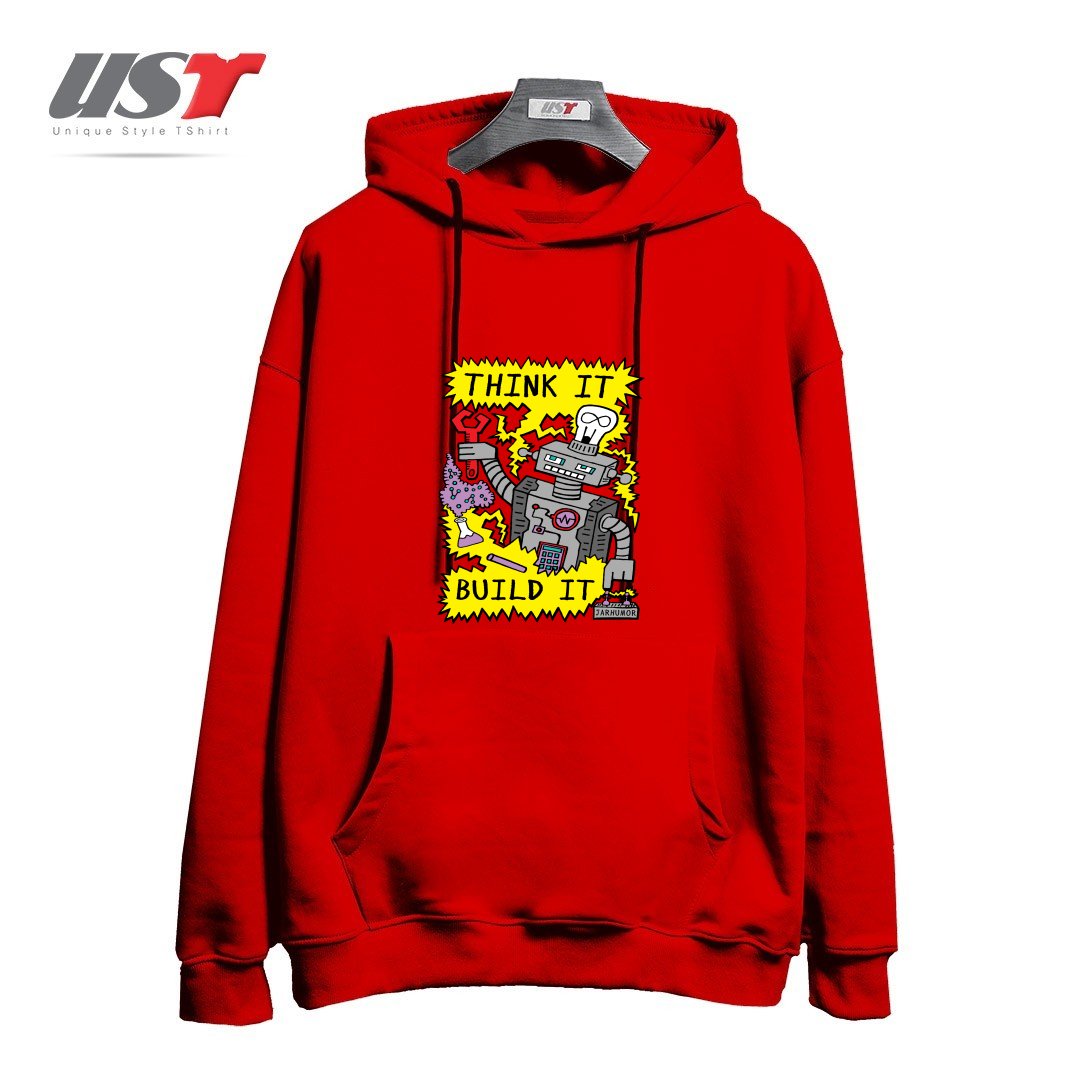 طرح THINK BUILD ROBOT هودی اورسایزرنگ قرمز