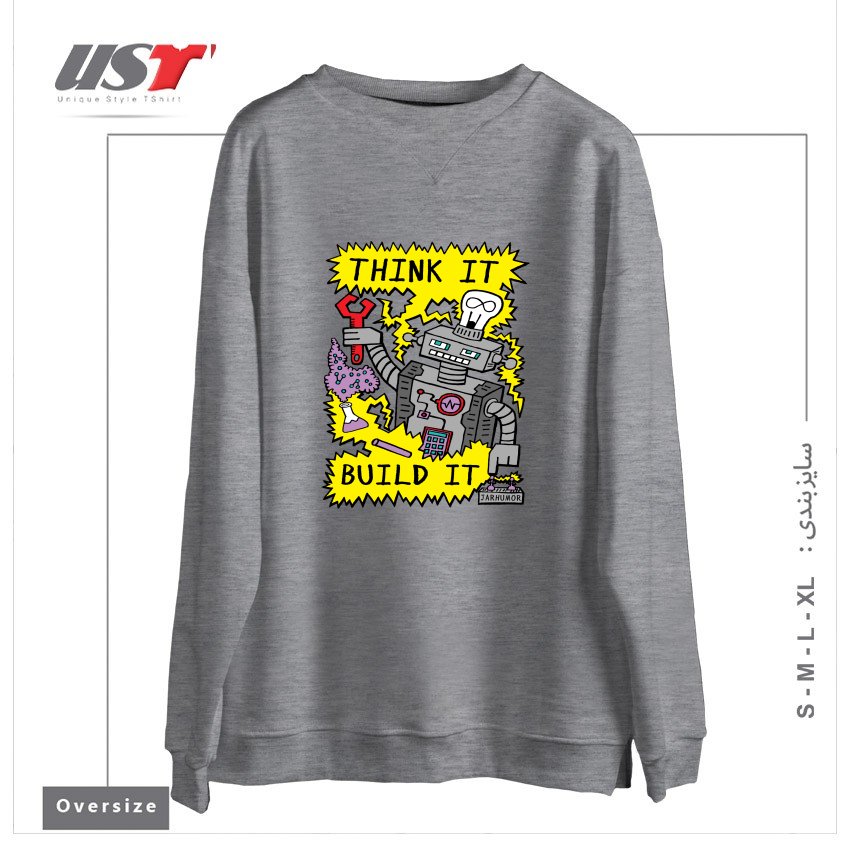 طرح THINK BUILD ROBOT سوییشرت اورسایزرنگ طوسی ملانژ