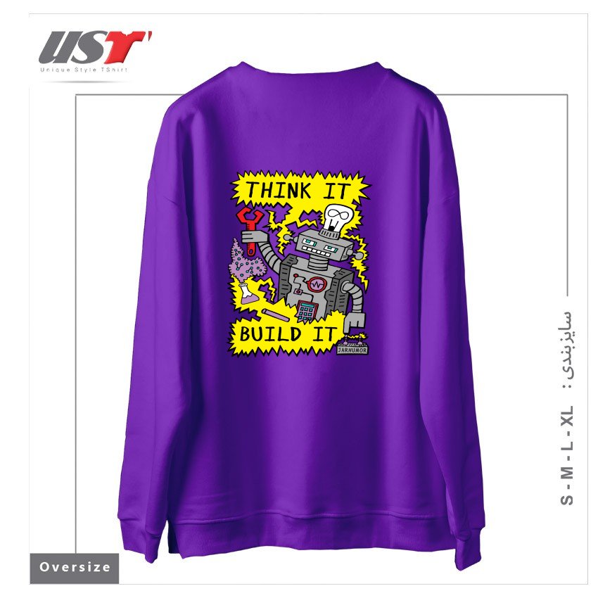 طرح THINK BUILD ROBOT سوییشرت اورسایزرنگ بنفش