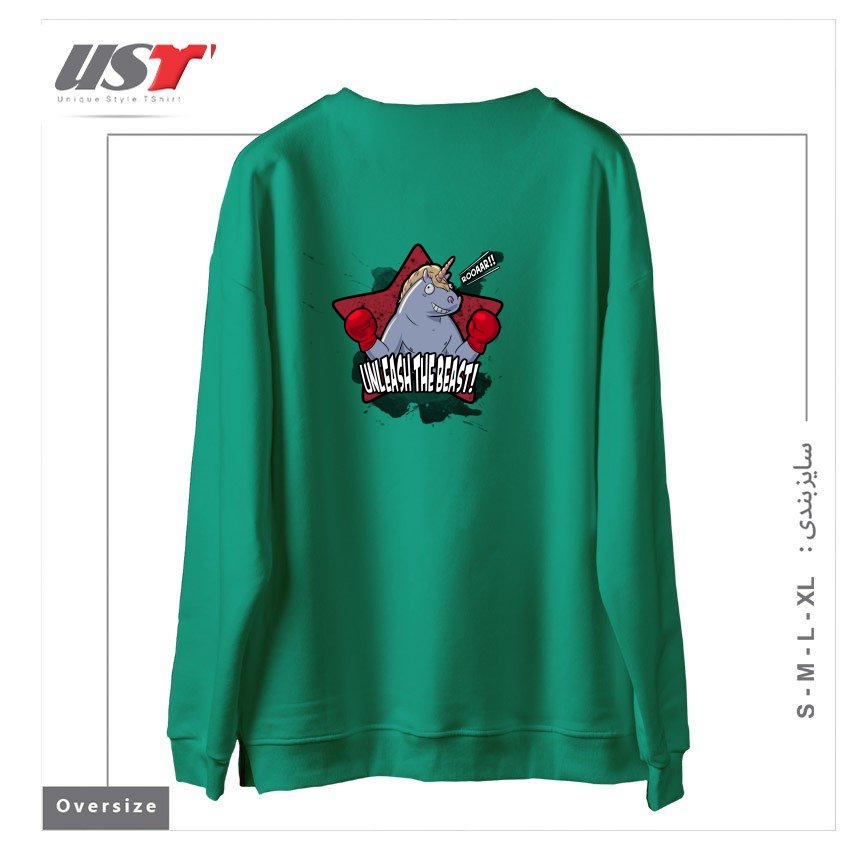 طرح CARTOON BOXING UNICORN سوییشرت اورسایزرنگ سبز سدری