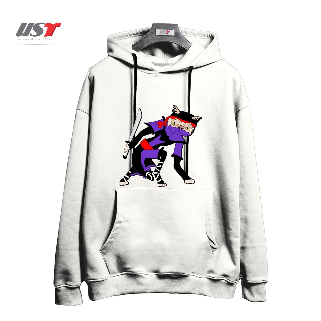 طرح GRUMPY NINJA CAT هودی اورسایزرنگ سفید