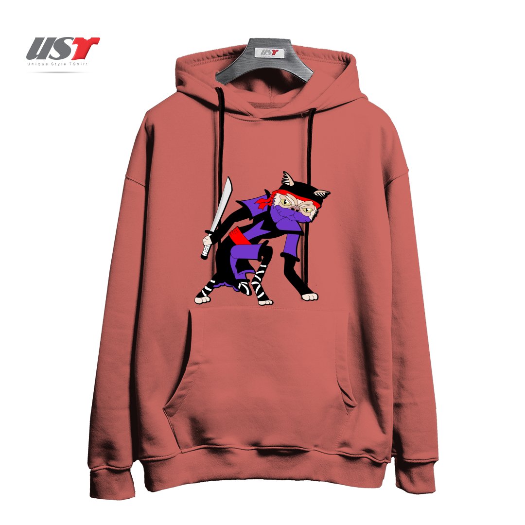 طرح GRUMPY NINJA CAT هودی اورسایزرنگ آجری