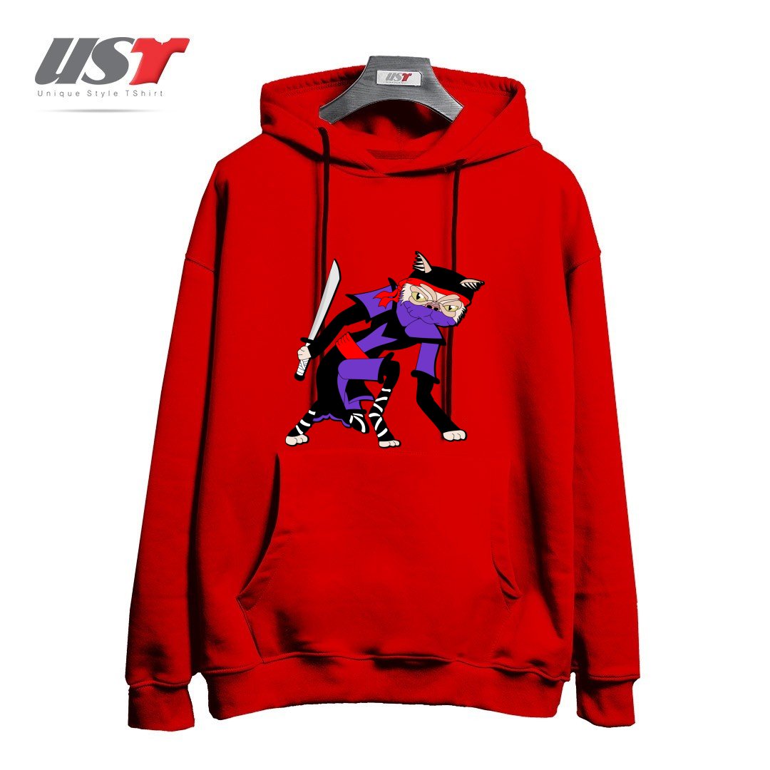 طرح GRUMPY NINJA CAT هودی اورسایزرنگ قرمز
