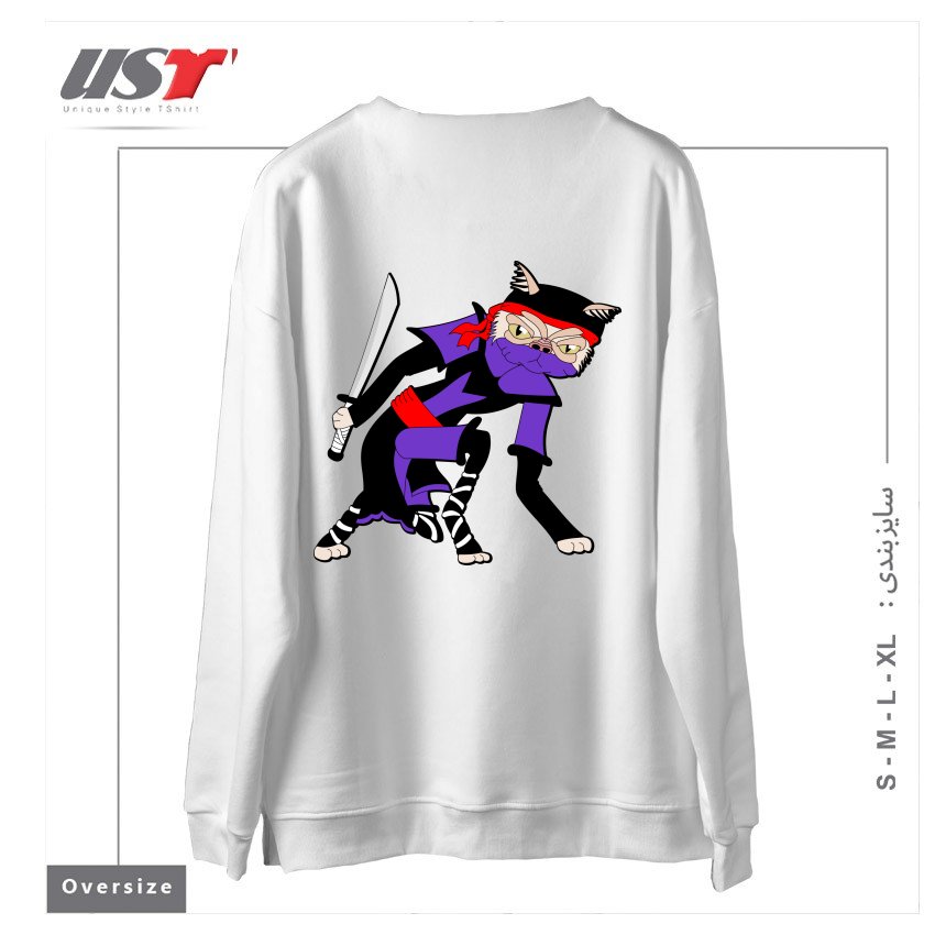طرح GRUMPY NINJA CAT سوییشرت اورسایزرنگ سفید